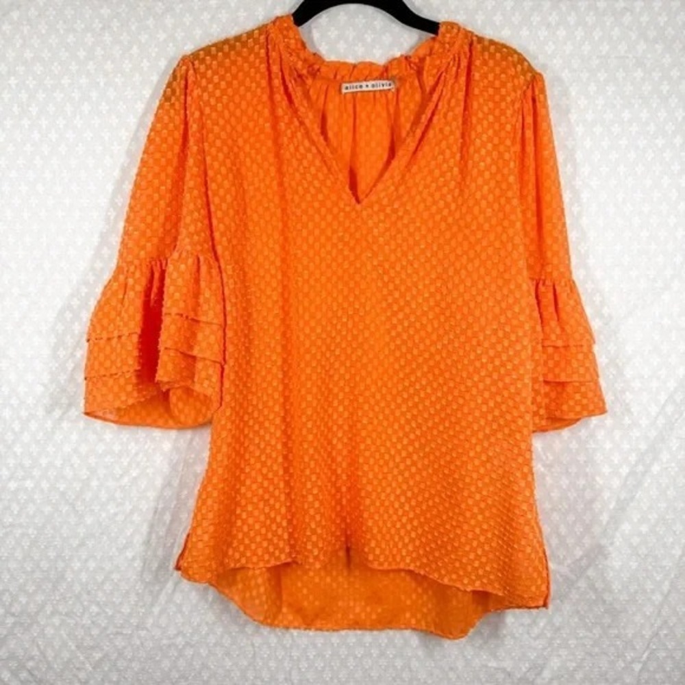 Alice + Olivia Women Top Sz S Orange Textured Julius Tiered Flutter Short Sleeve